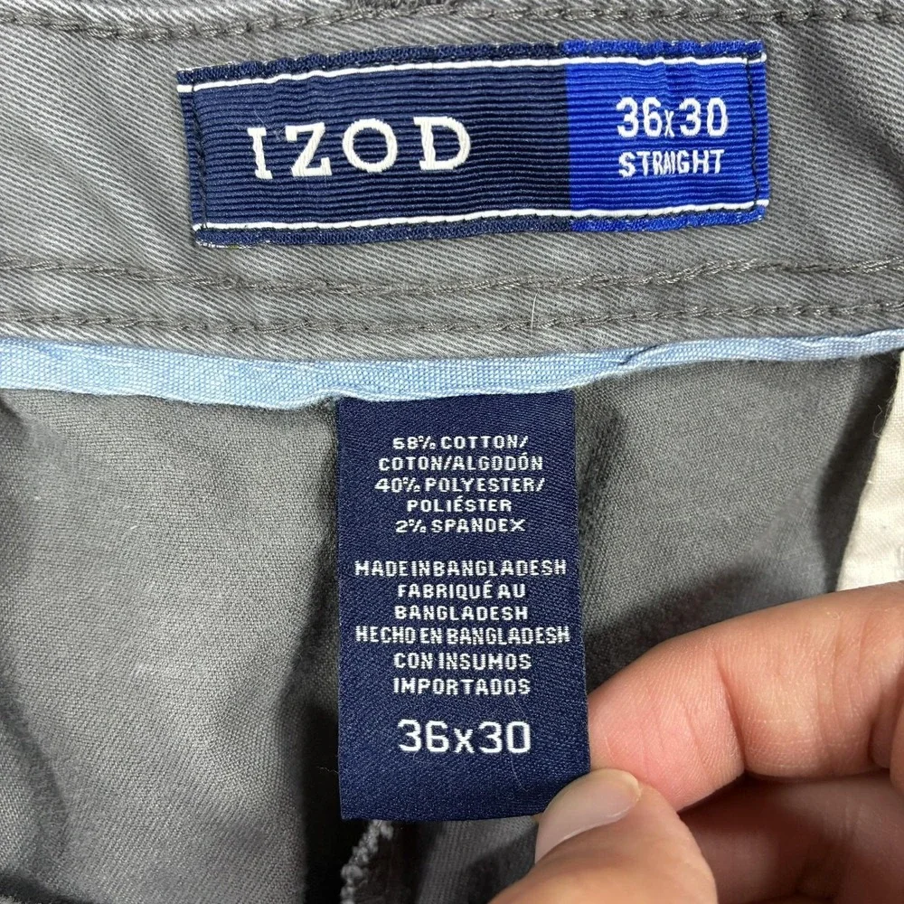 IZOD Chino Pants Mens 36x30 Gray Stretch Straight Leg Cotton Blend Regular Fit